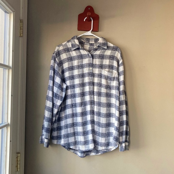 Vintage Artsy Plaid Blue & White Button Down Shirt S-M - Picture 2 of 5
